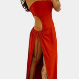 Robe Teuta Sans Bretelles avec Nœud Latéral et Fente Haute