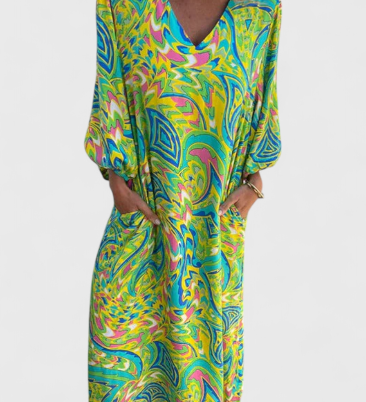 Robe Maxi Bohémienne Carmina avec Décolleté en V et Imprimé Abstrait