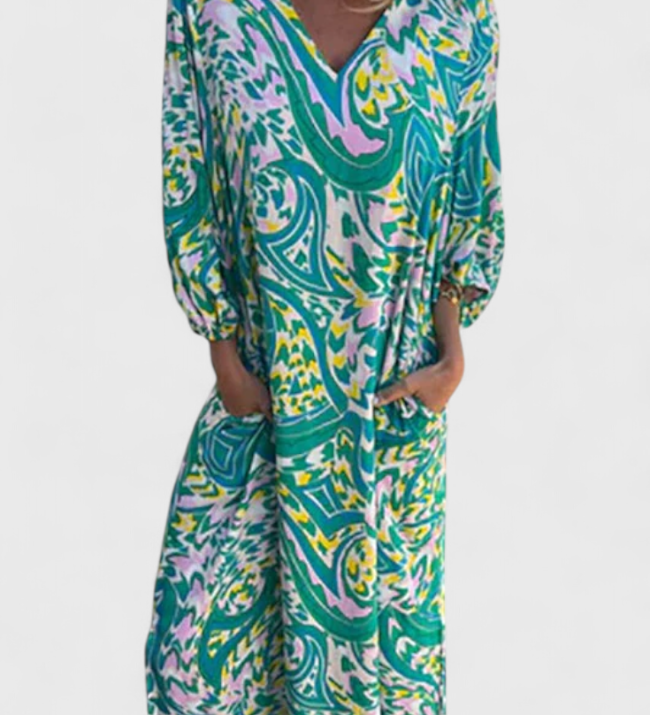 Robe Maxi Bohémienne Carmina avec Décolleté en V et Imprimé Abstrait