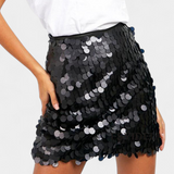 Jupe Mini Sequins Veena en Noir, Or ou Argent