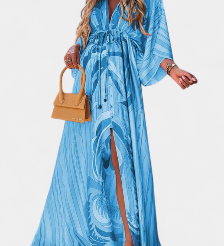 Robe Maxi Joelle Rainbow avec Décolleté en V et Manches Chauve-Souris