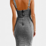 Robe en Jean Janessa avec Bretelles Ajustables et Fente Avant
