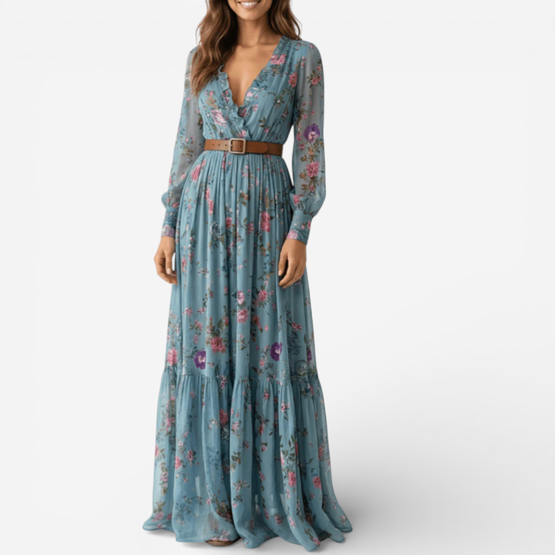 Lucía™ | Robe Maxi à Manches Longues avec Ceinture