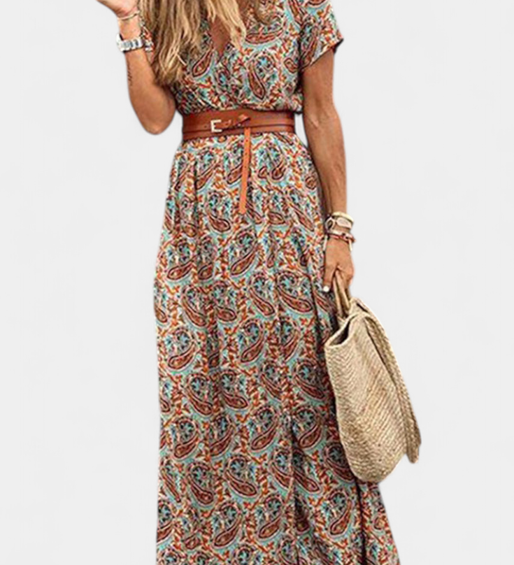 Robe d'été boho Anfisa avec ceinture et décolleté en V