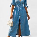 Robe Midi en Jean Adelina avec Boutons et Décolleté en V