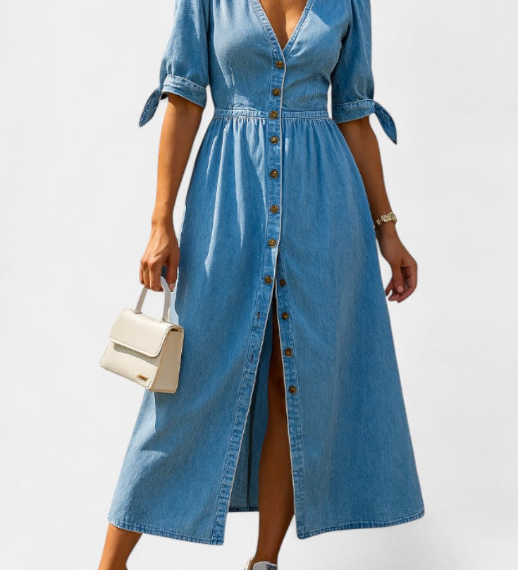 Robe Midi en Jean Adelina avec Boutons et Décolleté en V