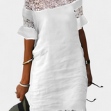 Robe en Lin Décontractée Karol avec Dentelle et Col Bateau