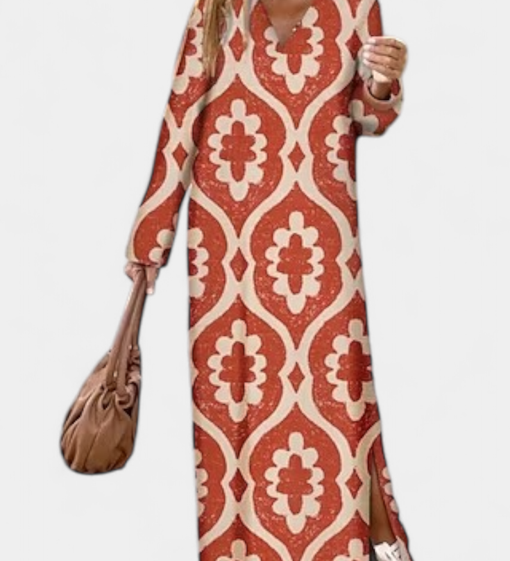 Robe Longue Géométrique Breeze avec Fente Latérale et Décolleté en V