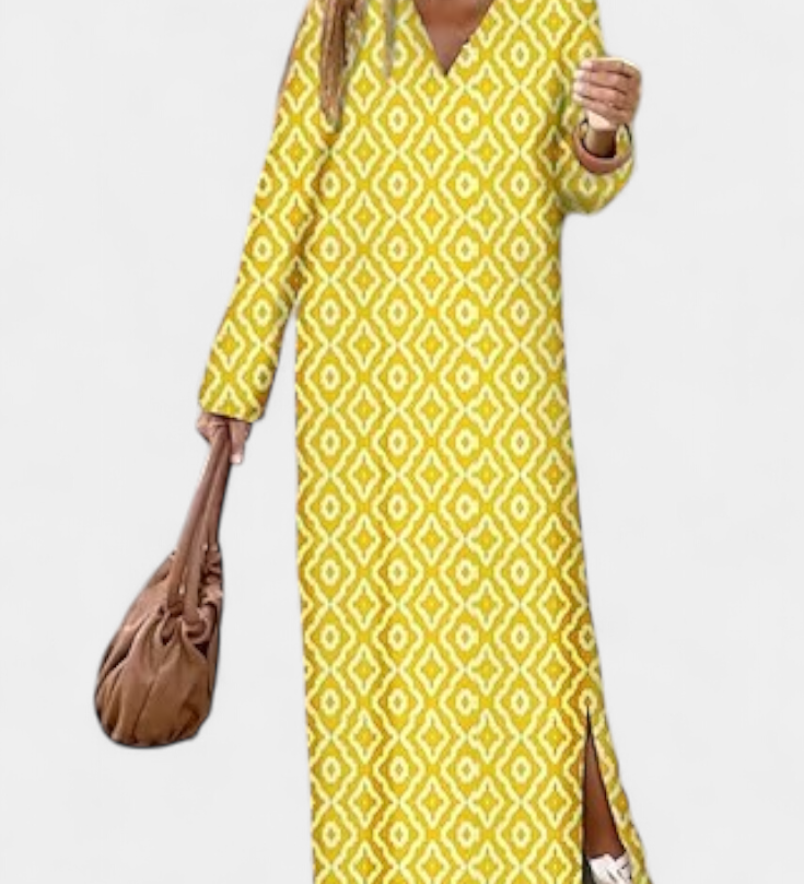 Robe Longue Géométrique Breeze avec Fente Latérale et Décolleté en V