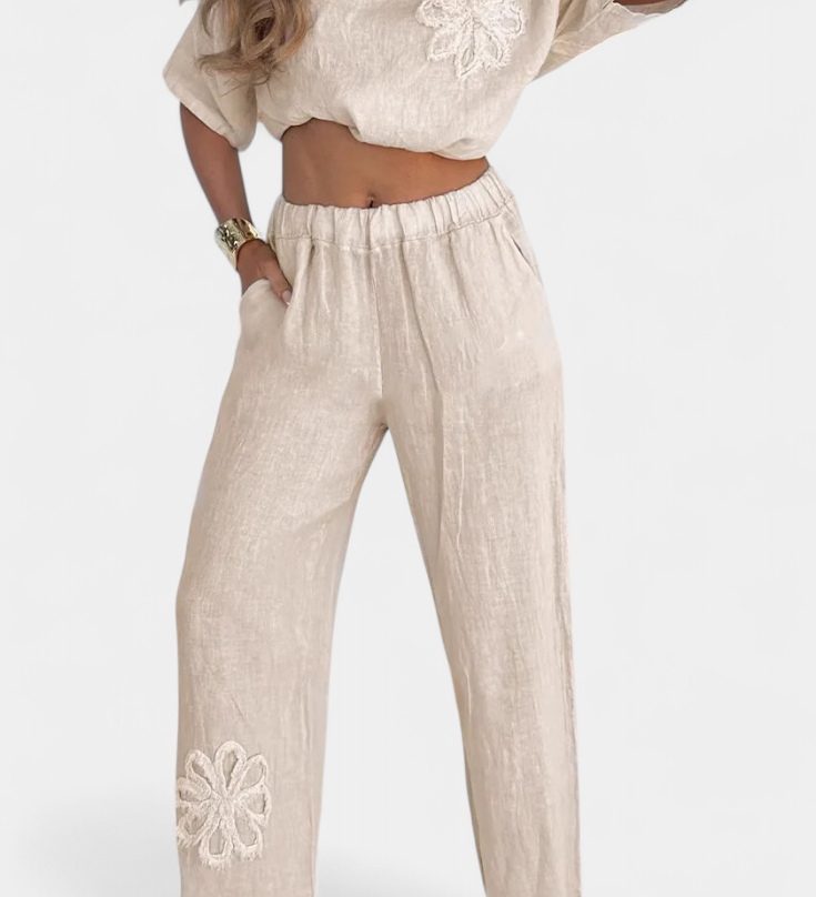 Ensemble en Lin Brodé Natalia Détendu avec Silhouette Ample