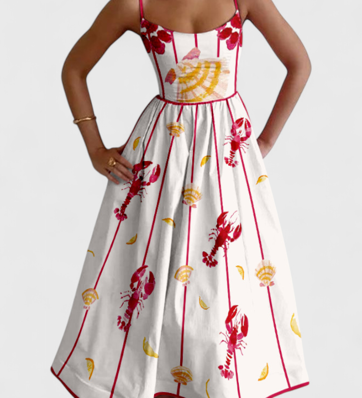 Robe Vintage Maricela avec Bretelles et Imprimé Sardine