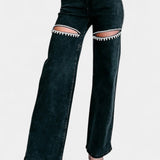 Jeans Evian Délavés à Jambe Droite avec Strass