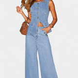 Ensemble Ludovica en Denim avec Gilet Ajusté et Jeans Évasés
