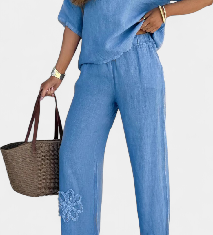 Ensemble en Lin Brodé Natalia Détendu avec Silhouette Ample