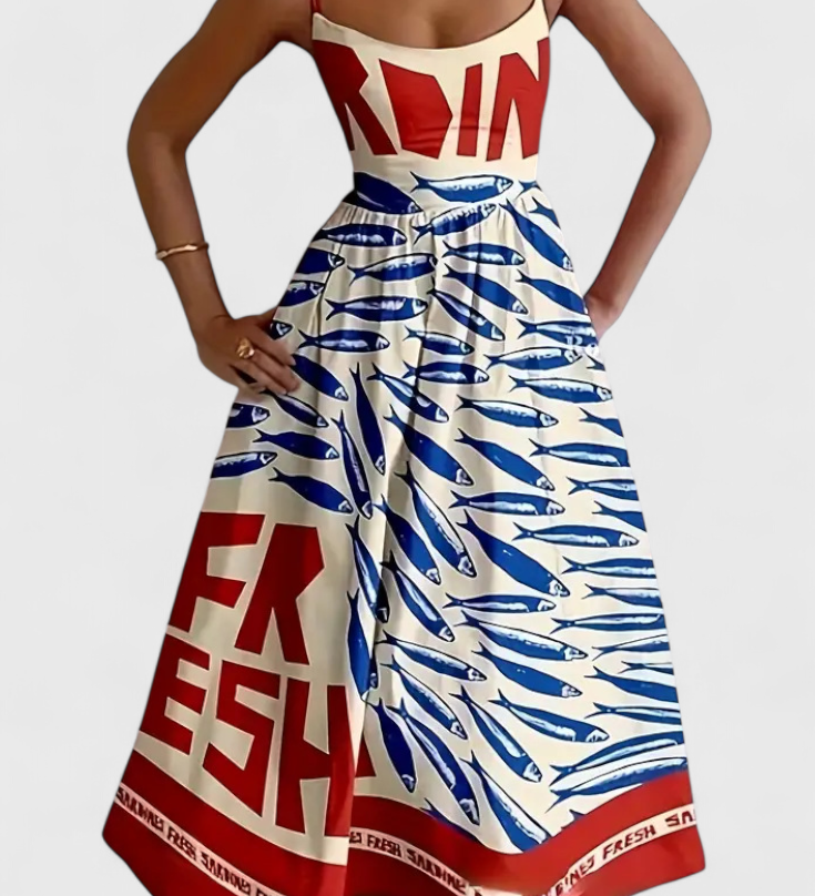 Robe Vintage Maricela avec Bretelles et Imprimé Sardine