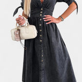 Robe Midi en Jean Adelina avec Boutons et Décolleté en V