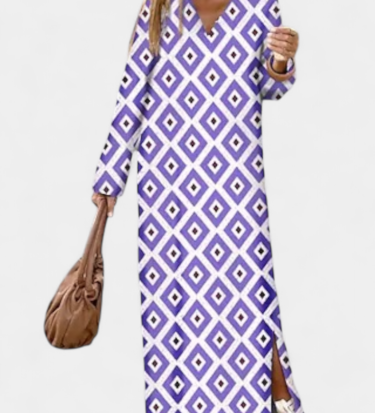 Robe Longue Géométrique Breeze avec Fente Latérale et Décolleté en V