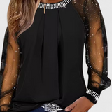 Blouse Florale Élégante avec Manches en Tulle et Accents en Strass