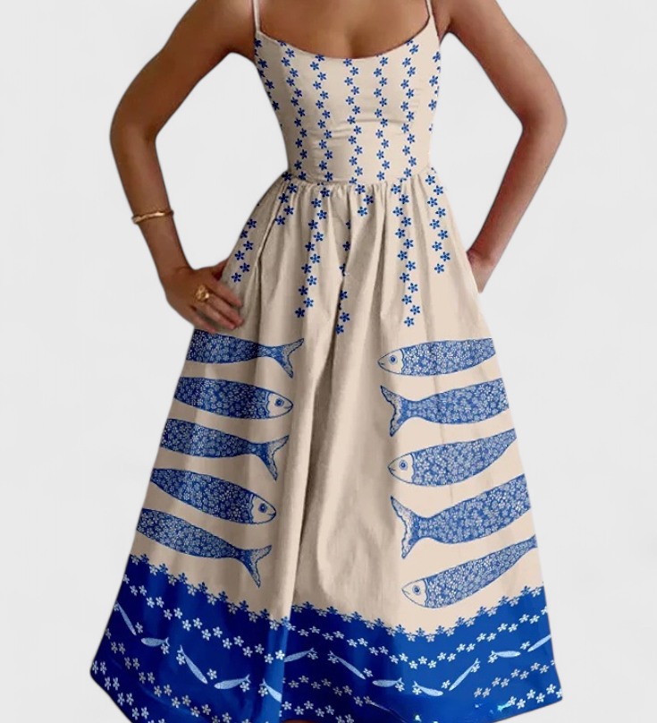 Robe Vintage Maricela avec Bretelles et Imprimé Sardine