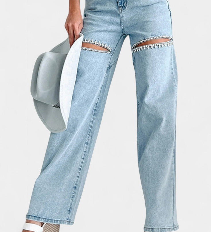 Jeans Evian Délavés à Jambe Droite avec Strass