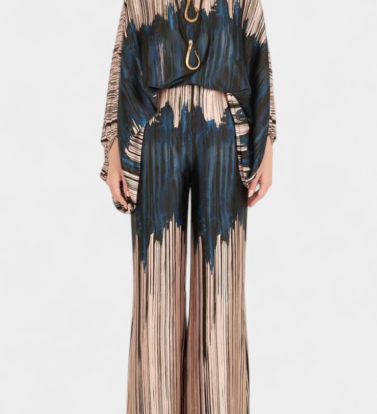 Ensemble imprimé Sybella à deux pièces avec pantalons à jambes larges
