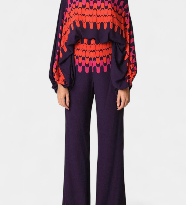Ensemble imprimé Sybella à deux pièces avec pantalons à jambes larges