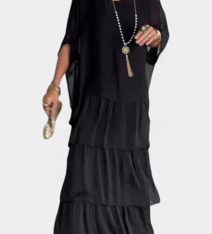 Robe Maxi Caroline avec Volants et Manches Chauve-Souris