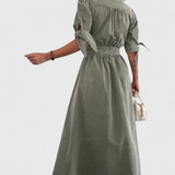 Robe Midi en Jean Adelina avec Boutons et Décolleté en V