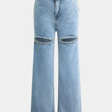 Jeans Evian Délavés à Jambe Droite avec Strass