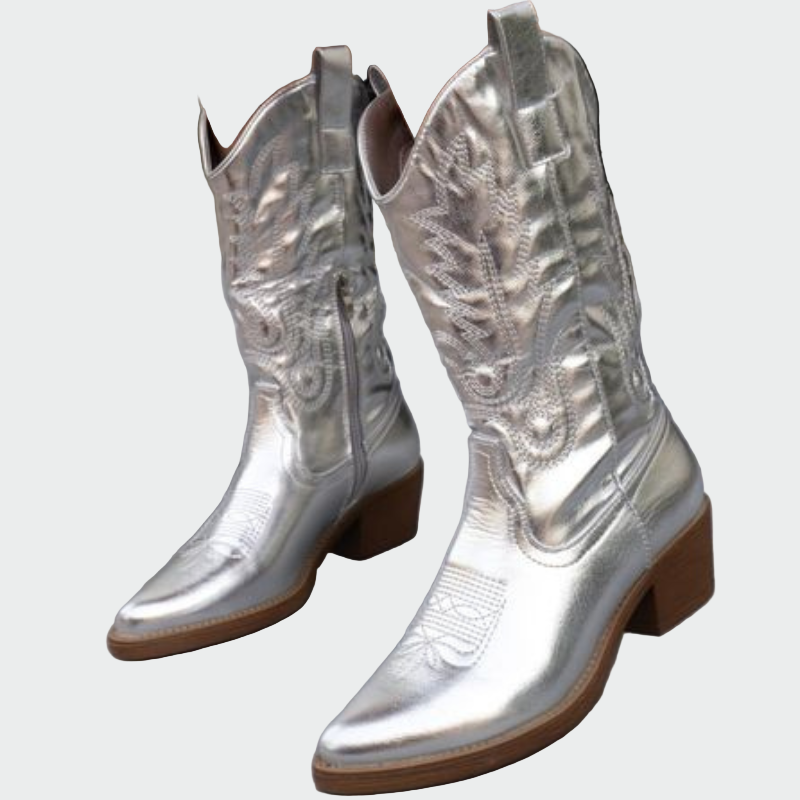 Bottes de cowboy métalliques roses avec broderie