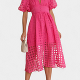 Robe Midi avec Manches Bouffantes en Marigold avec Motif à Carreaux