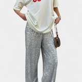 Pantalons à Paillettes Taille Haute Elva avec Coupe Relax