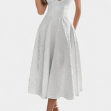 Robe Midi Jacquard Gilda avec Dos Nu et Taille Haute
