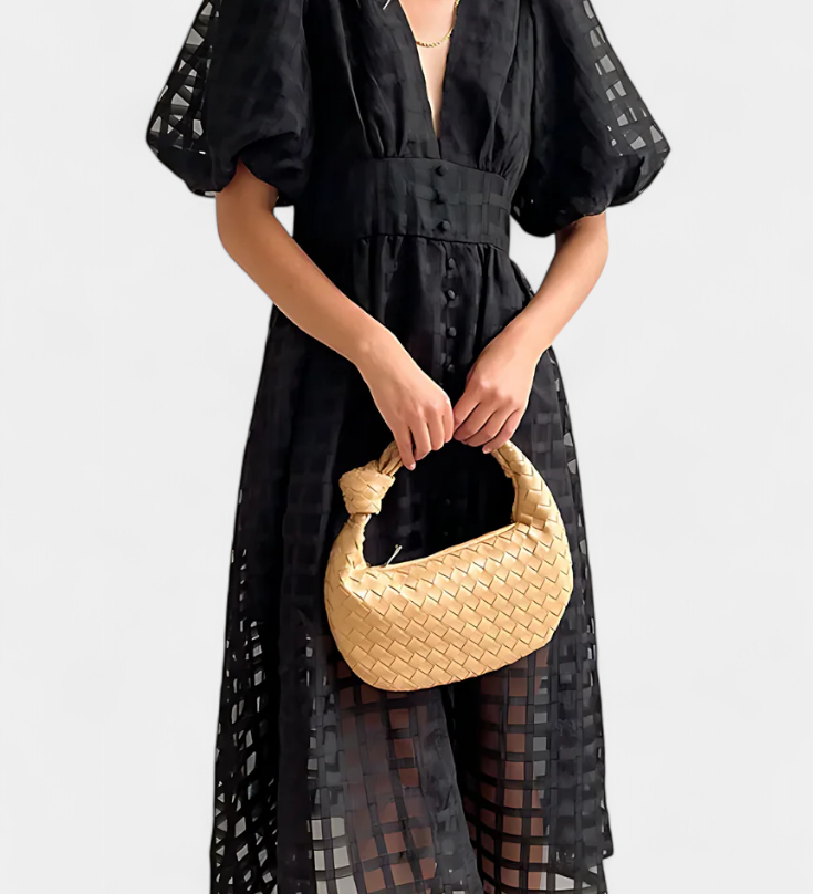 Robe Midi avec Manches Bouffantes en Marigold avec Motif à Carreaux