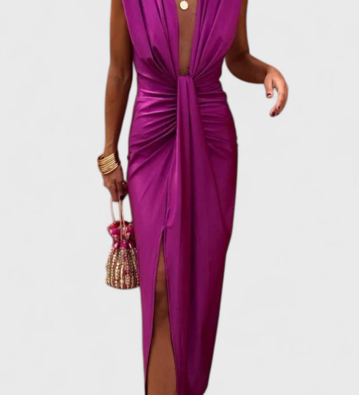 Robe Midi Lakisha avec Plis et Décolleté en V Profond