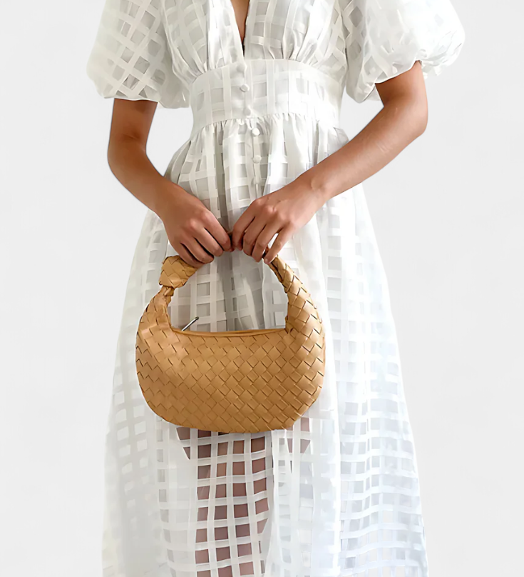 Robe Midi avec Manches Bouffantes en Marigold avec Motif à Carreaux