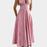 Robe Midi Jacquard Gilda avec Dos Nu et Taille Haute