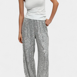 Pantalons à Paillettes Taille Haute Elva avec Coupe Relax