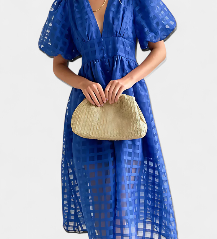 Robe Midi avec Manches Bouffantes en Marigold avec Motif à Carreaux