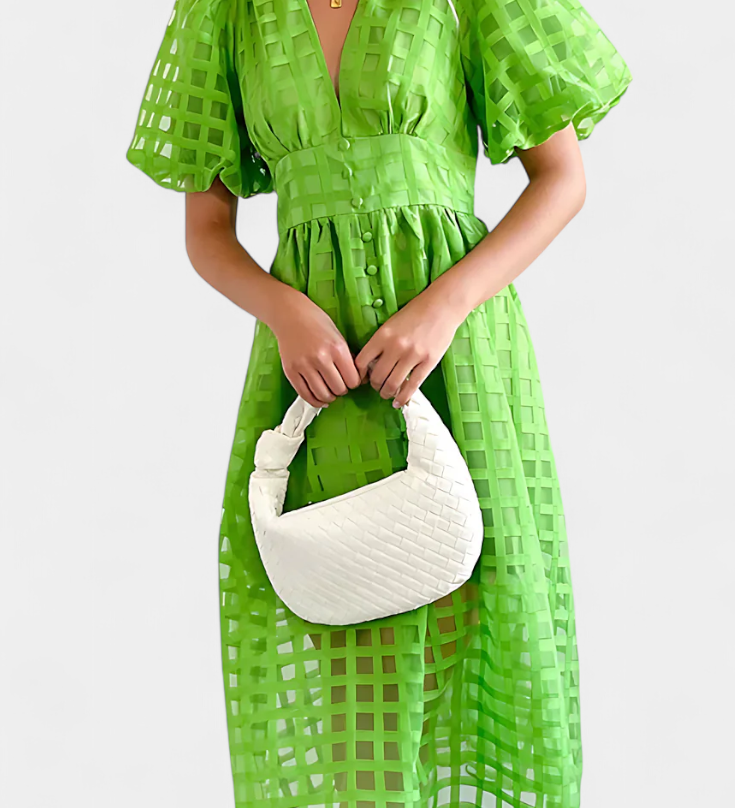 Robe Midi avec Manches Bouffantes en Marigold avec Motif à Carreaux