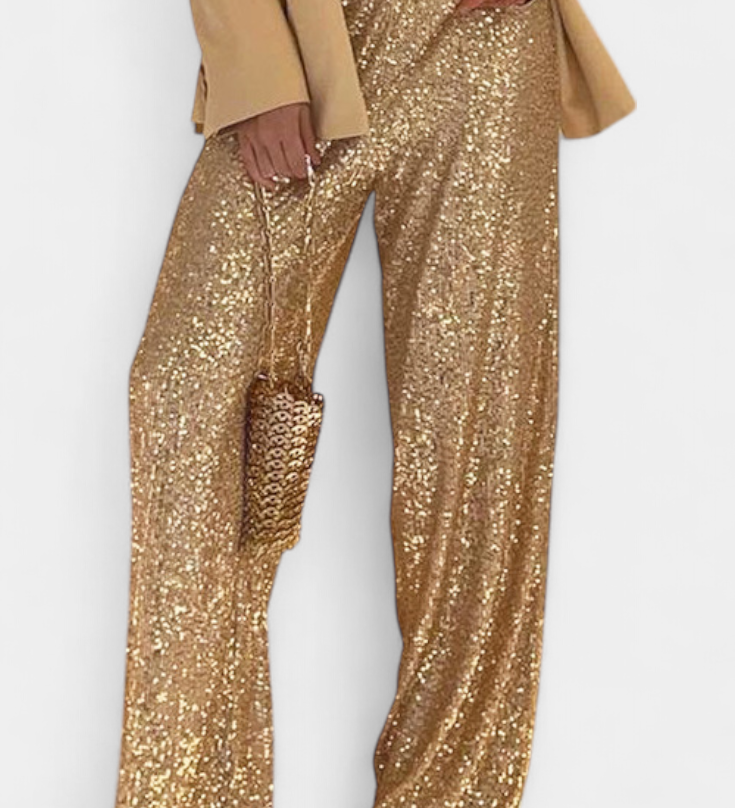 Pantalons à Paillettes Taille Haute Elva avec Coupe Relax