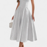 Robe Midi Jacquard Gilda avec Dos Nu et Taille Haute