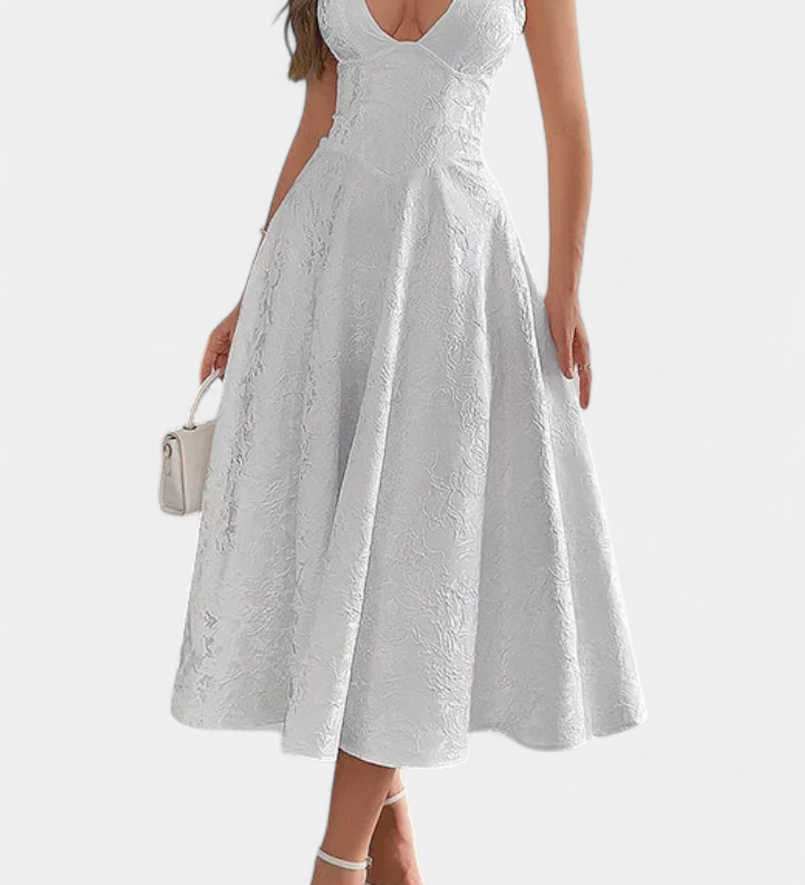 Robe Midi Jacquard Gilda avec Dos Nu et Taille Haute