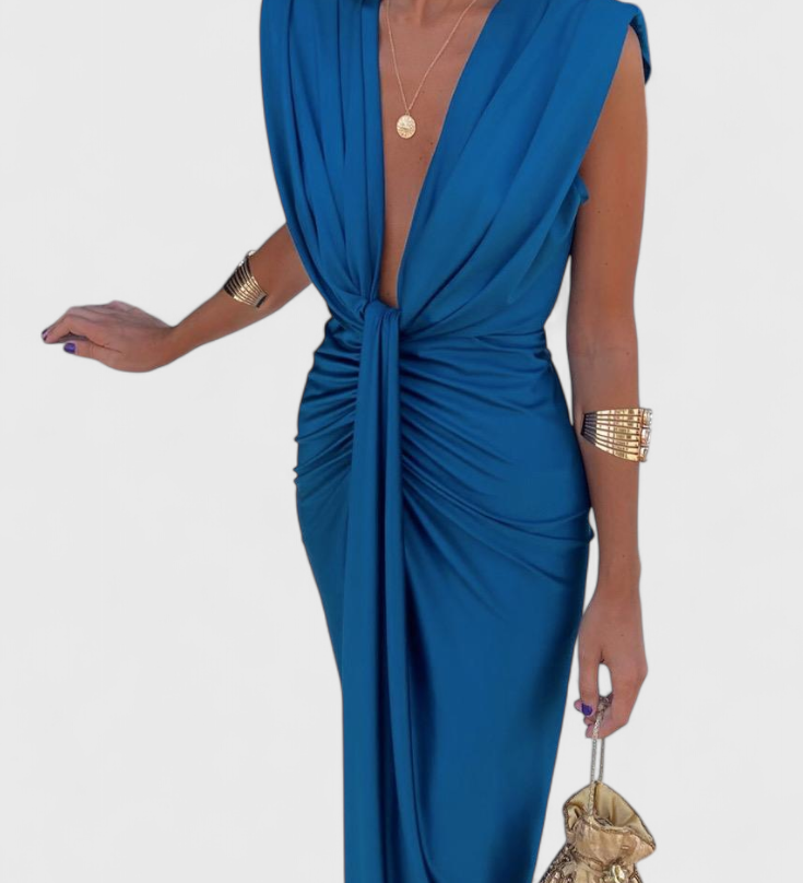 Robe Midi Lakisha avec Plis et Décolleté en V Profond