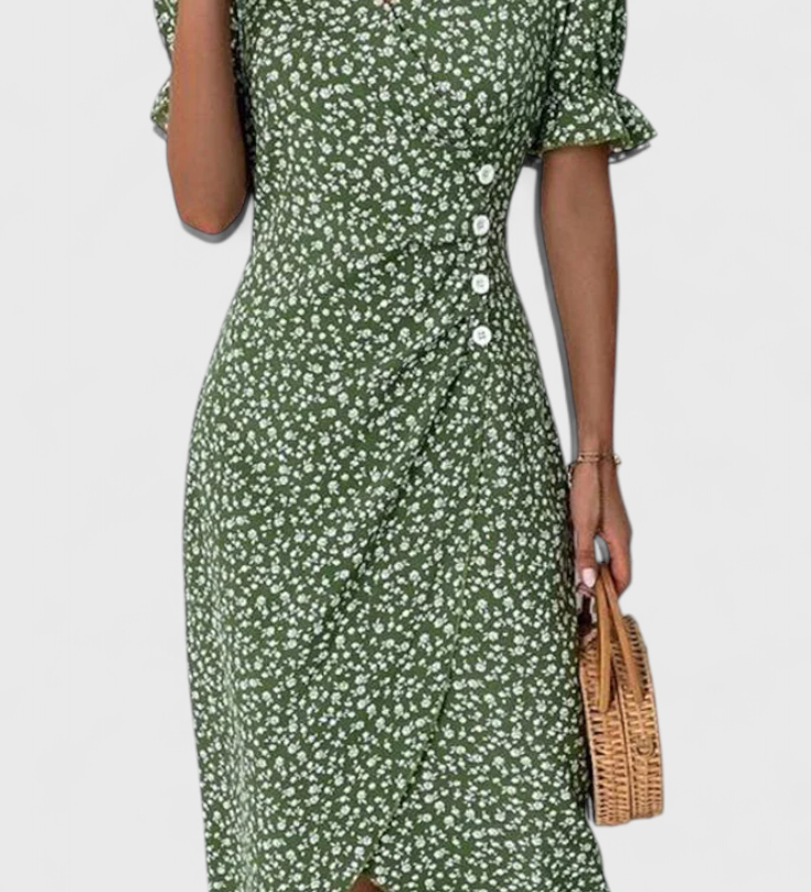 Robe Midi Florale Joana avec Décolleté en V et Manches Courtes