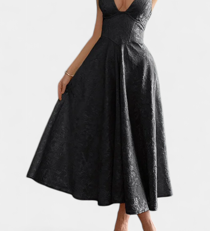 Robe Midi Jacquard Gilda avec Dos Nu et Taille Haute