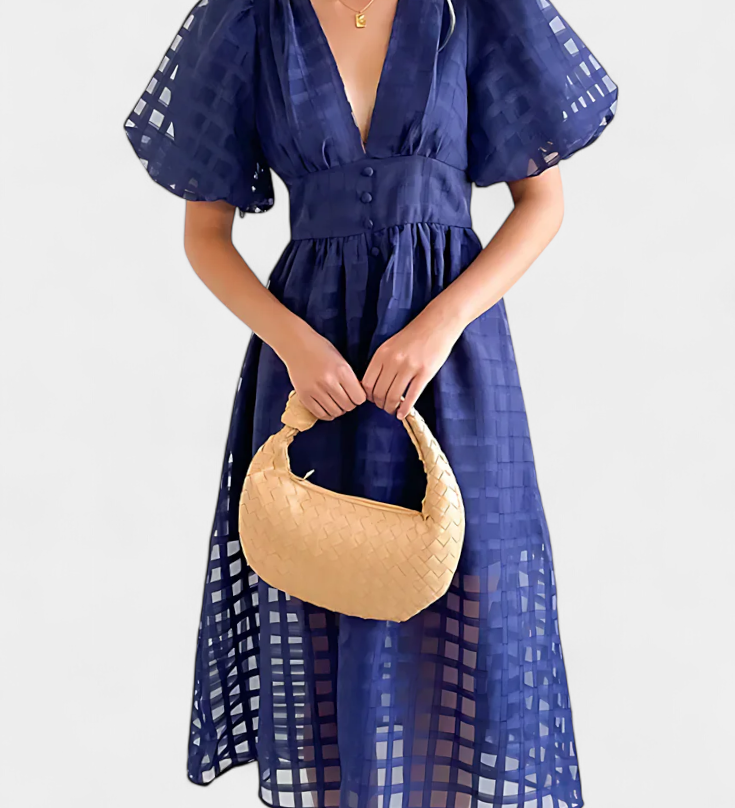 Robe Midi avec Manches Bouffantes en Marigold avec Motif à Carreaux