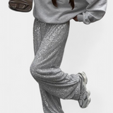 Pantalons à Paillettes Taille Haute Elva avec Coupe Relax
