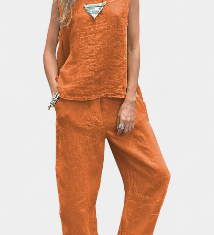 Ensemble Gilet Sans Manches et Pantalon en Lin Coton Leona