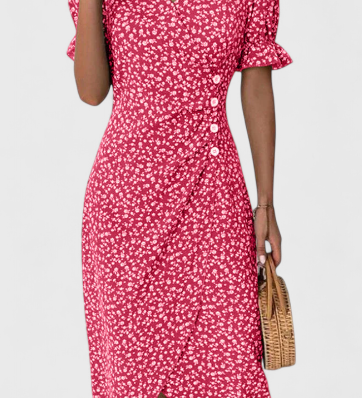 Robe Midi Florale Joana avec Décolleté en V et Manches Courtes